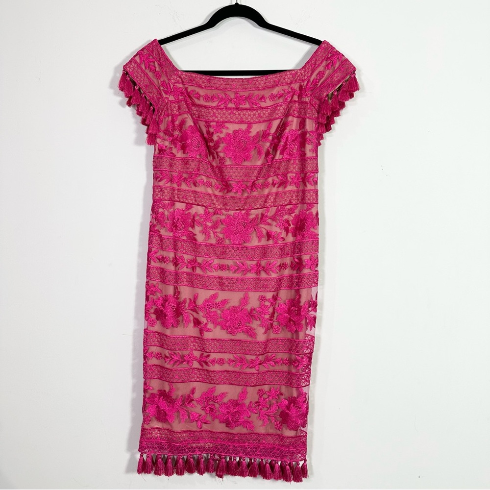 Tadashi Shoji Pink Lace Tassle Boat Neck Short Sleeve Midi Sheath Dress